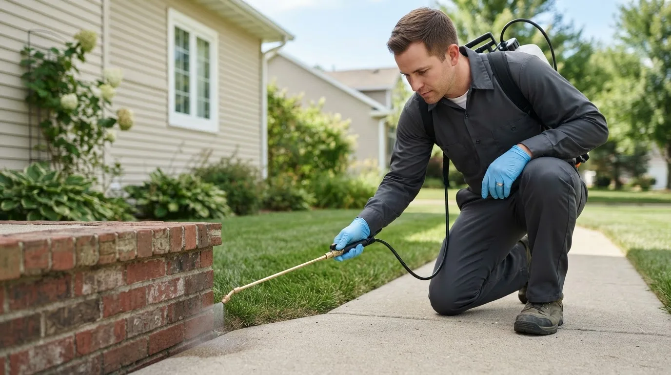 Pest control technician treating a home near Covington, OH