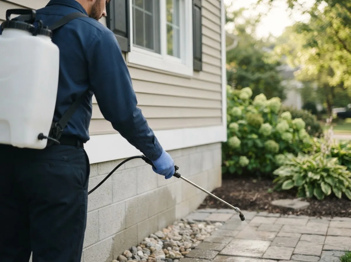 Pest control technician inspecting a home in Covington, OH